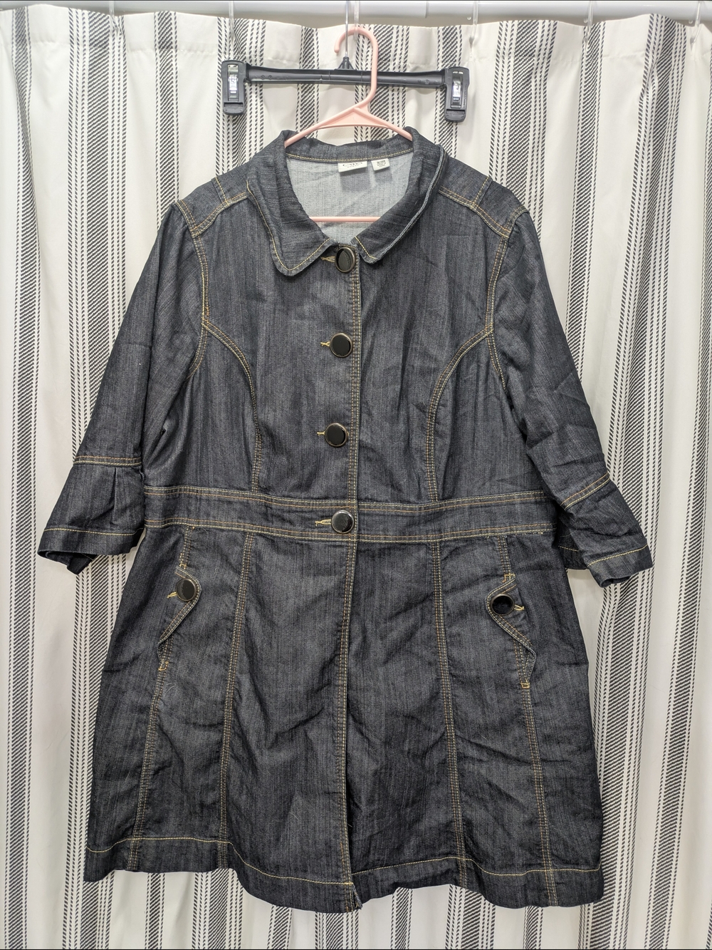 Dark Denim Button-Front Coat with Contrast Stitching